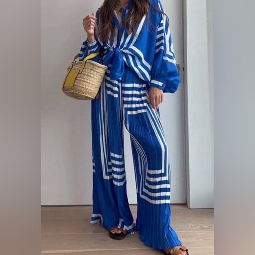 Commense Blue and White Geometric Jumpsuit